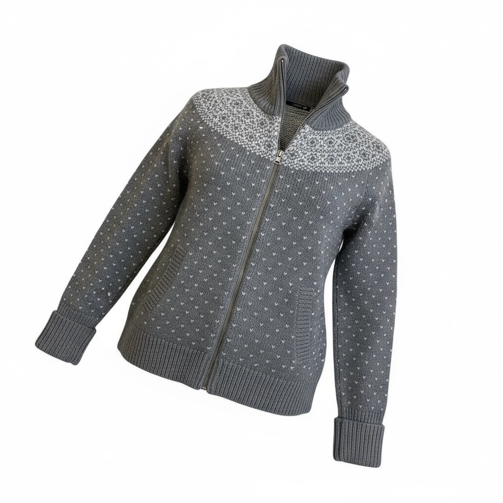 Women's Gray Fair Isle Zip Up Cardigan Sweater with Mock Neck L